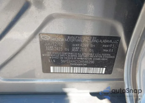 2013 Hyundai Sonata Gls из США, поврежденный, VIN 5NPEB4AC1DH546296